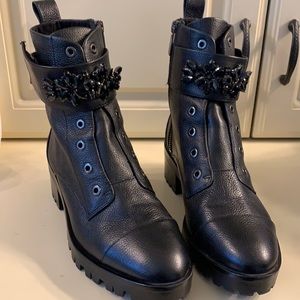 Karl Lagerfield Black Leather Motto style boots.
